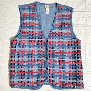 Vtg Koret City Women Woven Patchwork Plaid Gingham Lattice Style Denim Vest L